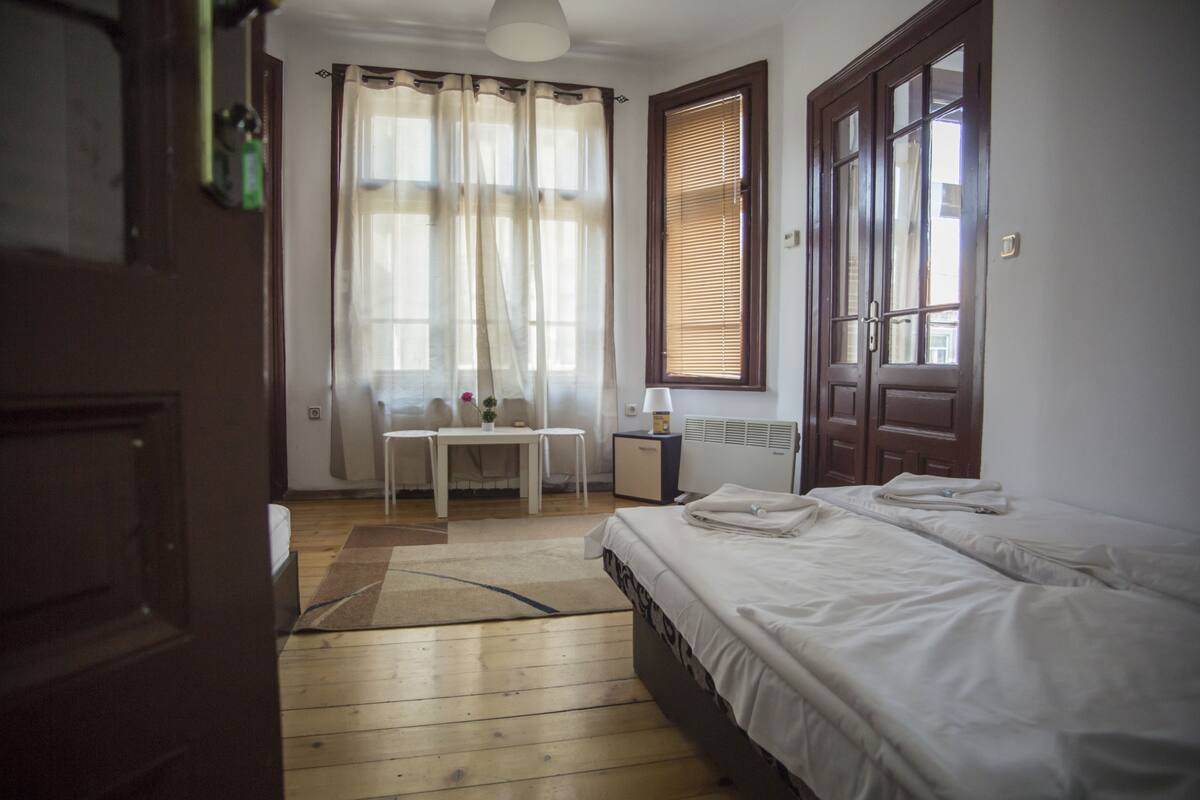 Chambre avec lits jumeaux | Fer et planche à repasser, Wi-Fi gratuit, draps fournis