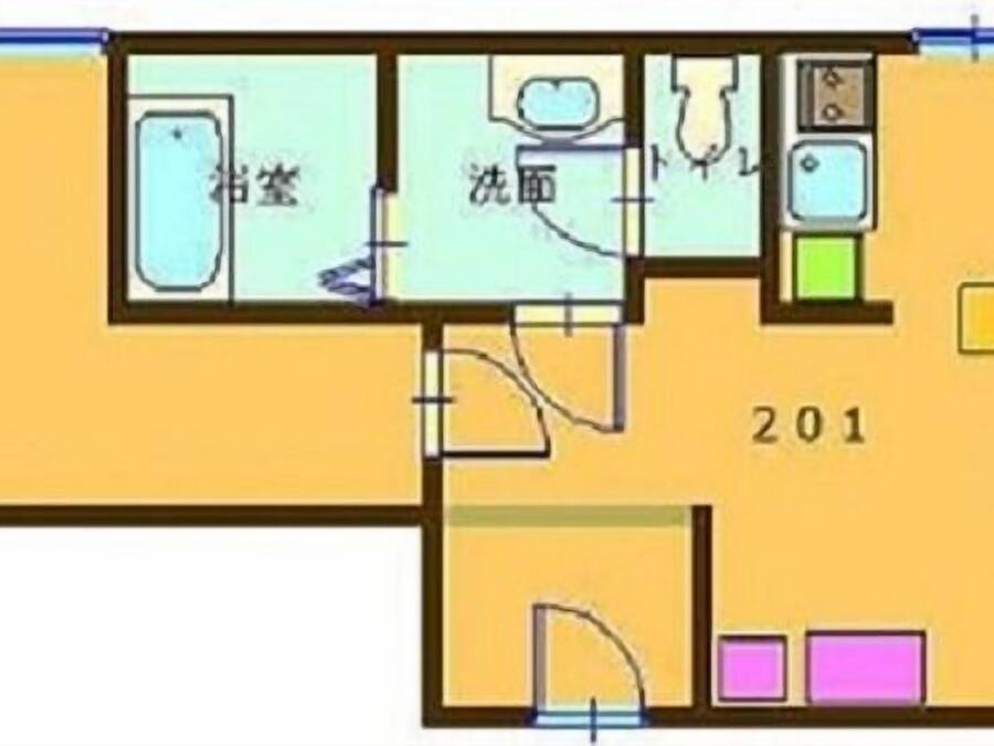 A floor plan with two bedrooms, a bathroom, a kitchen, and a living area.
