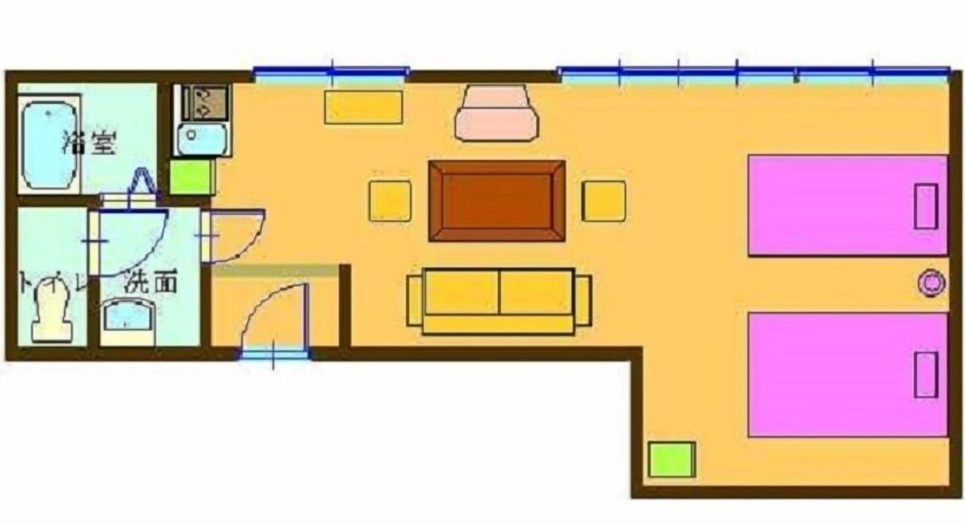 Een plattegrond van een hotelkamer met een badkamer, een zithoek met een bank en een tafel, en een apart slaapgedeelte.