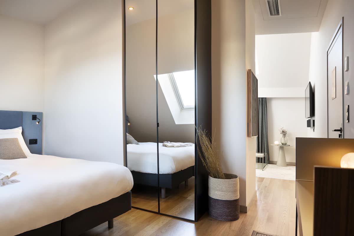 A modern bedroom with a large bed, a skylight, and a mirrored closet.