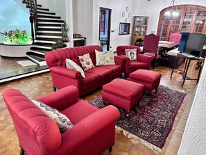 Smart TV, fireplace, books