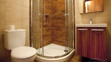 Shower, free toiletries, hair dryer, towels