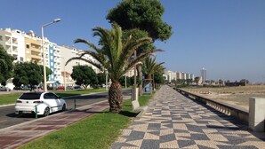 A paved walkway with a geometric pattern, lined with palm trees and a row of buildings in the background. - Figueira Duplex Praia Buarcos, wi-fi, cable Tv (Figueira da Foz)