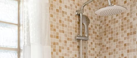 Shower, hair dryer, soap, shampoo