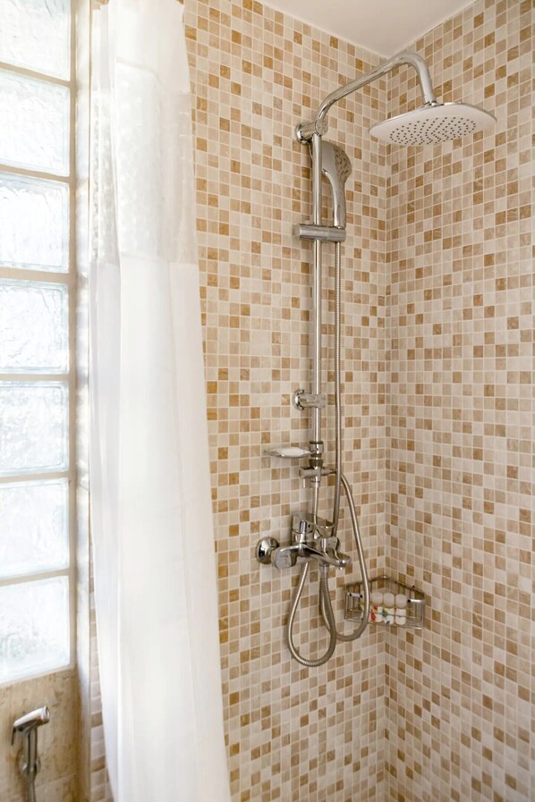 Shower, hair dryer, soap, shampoo