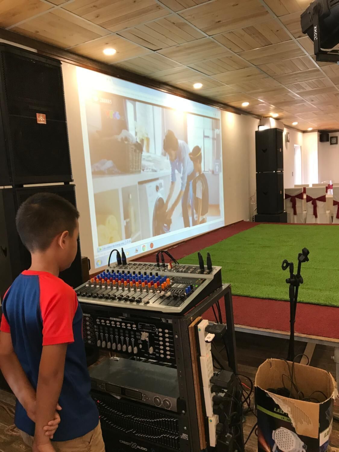A projection screen displaying a scene with people, a DJ mixer, and a speaker system in a room with a red carpet and a grassy area.