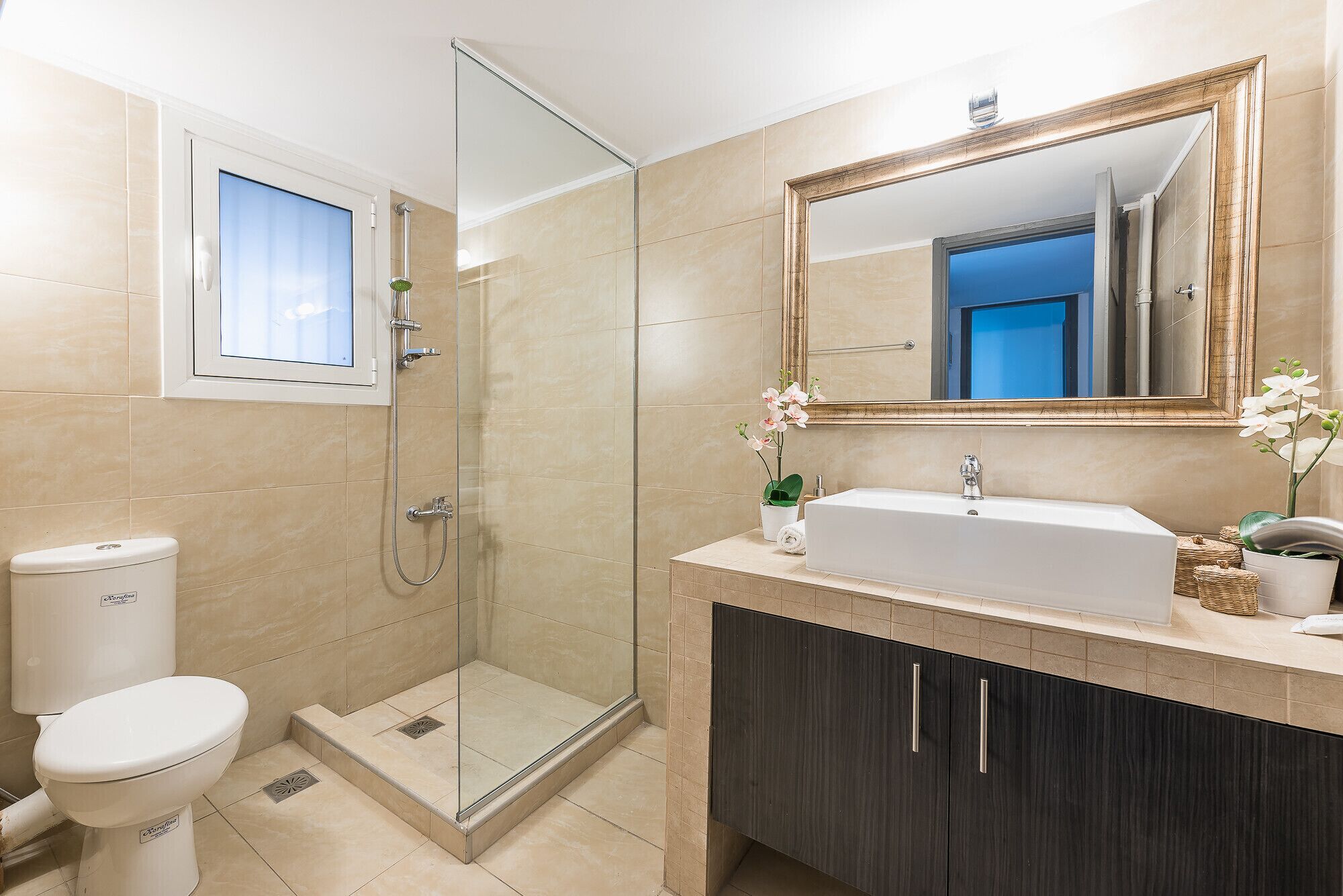 Shower, hair dryer, soap, shampoo
