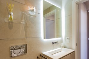 Shower, hair dryer, bidet, towels