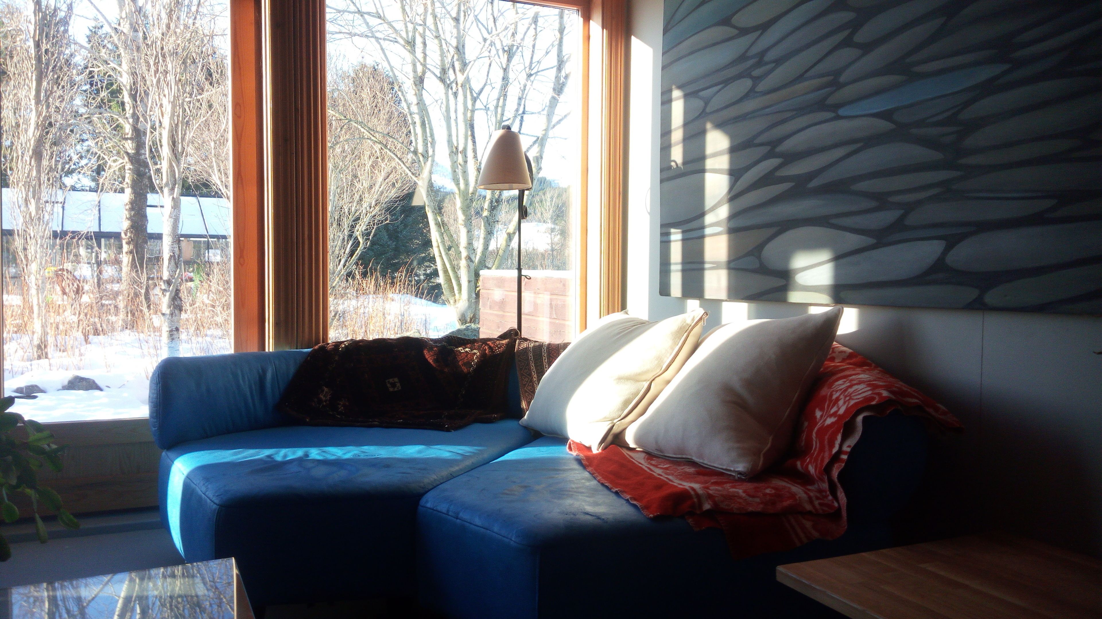 Un soggiorno con un divano blu, una coperta rossa e un muro in pietra.