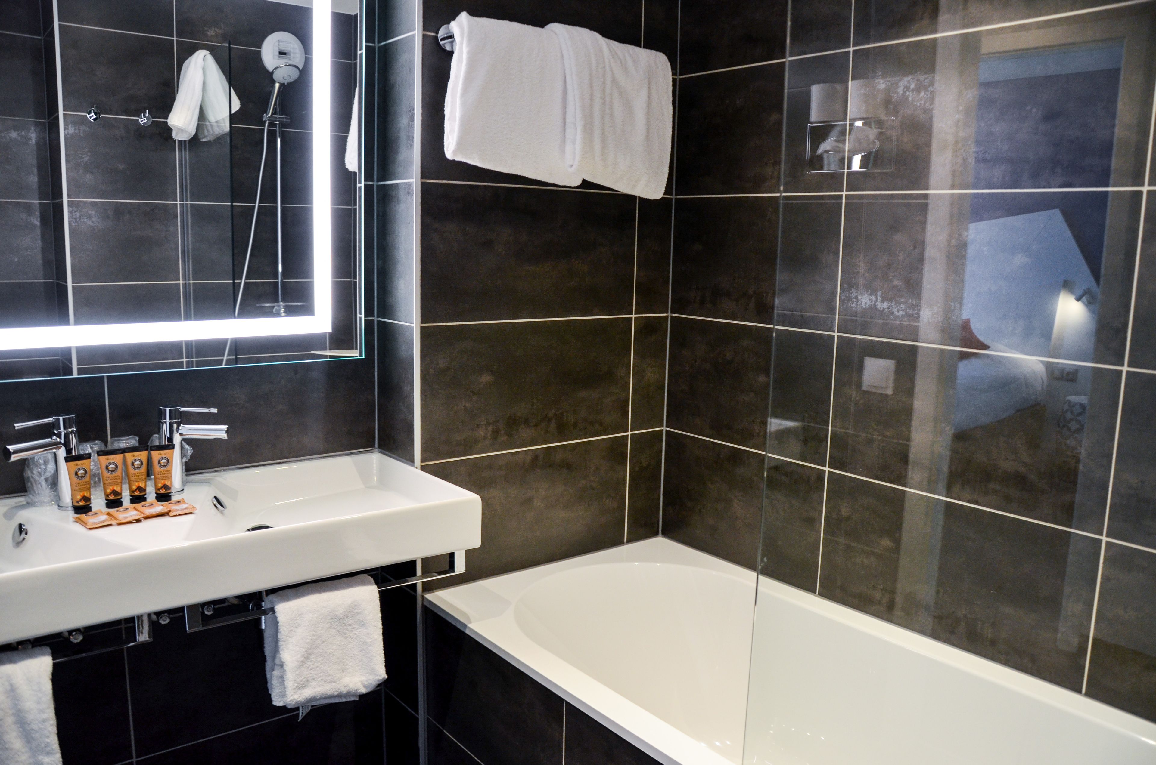 family room | bathroom | shower, free toiletries, hair dryer, towels