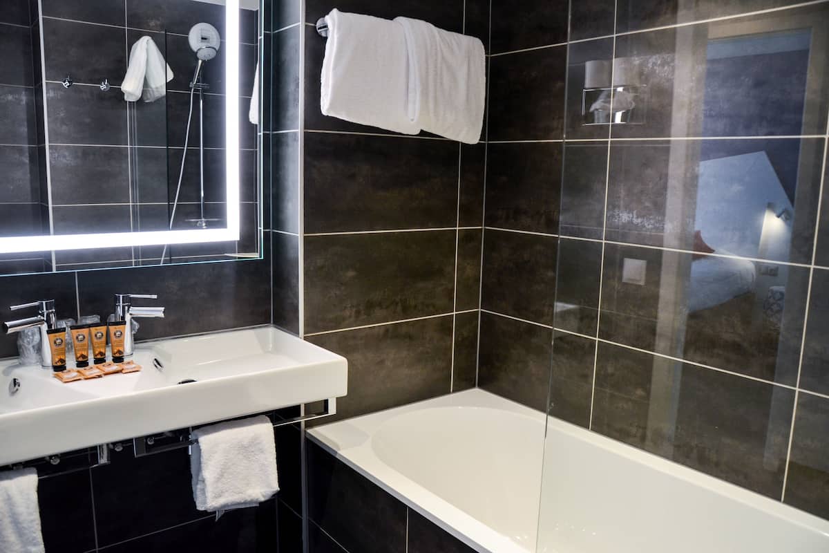 family room | bathroom | shower, free toiletries, hair dryer, towels