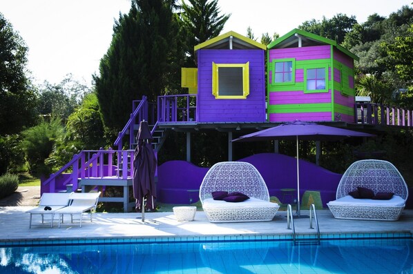 Seasonal outdoor pool, pool umbrellas, pool loungers
