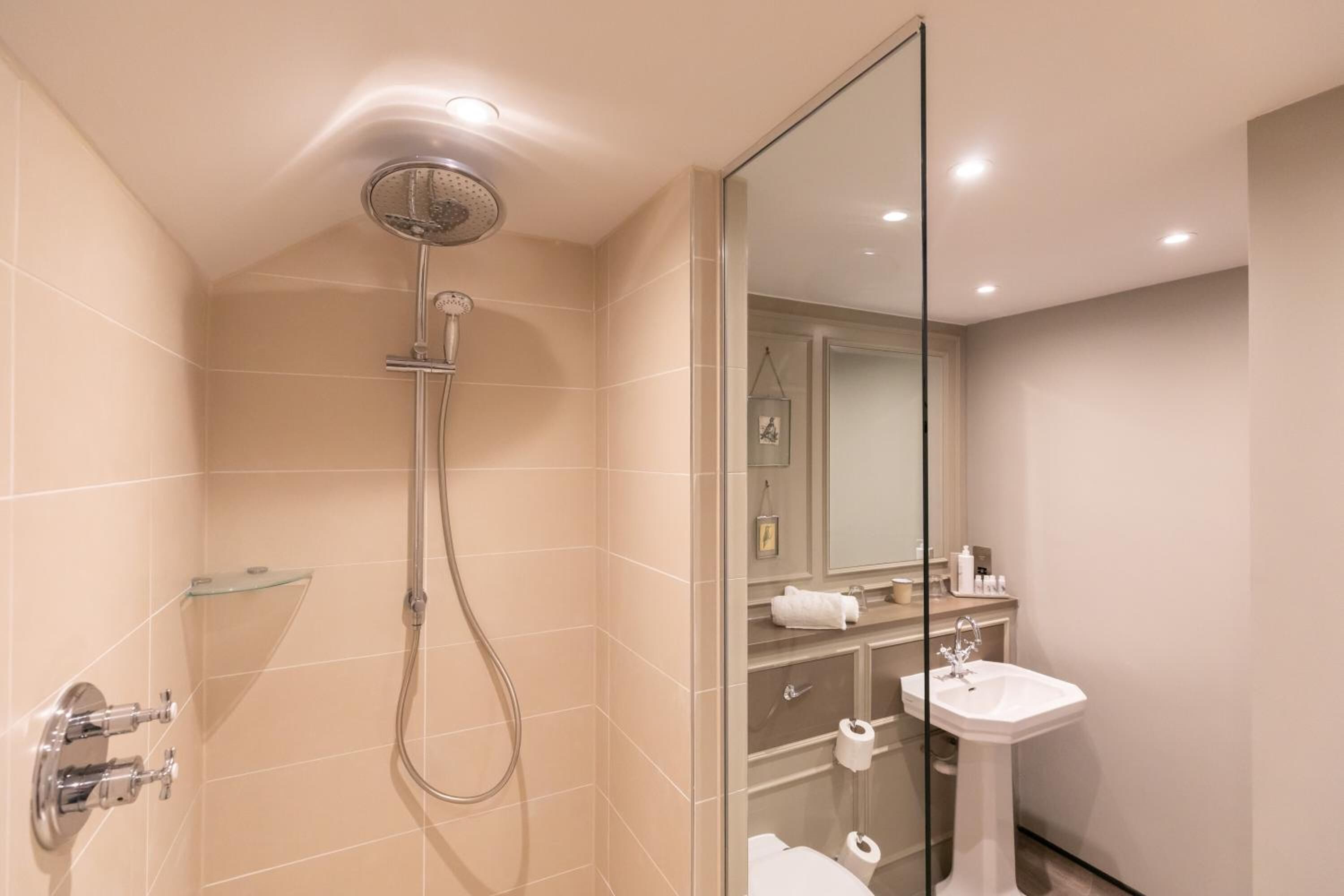 combined shower/bathtub, free toiletries, hair dryer, towels