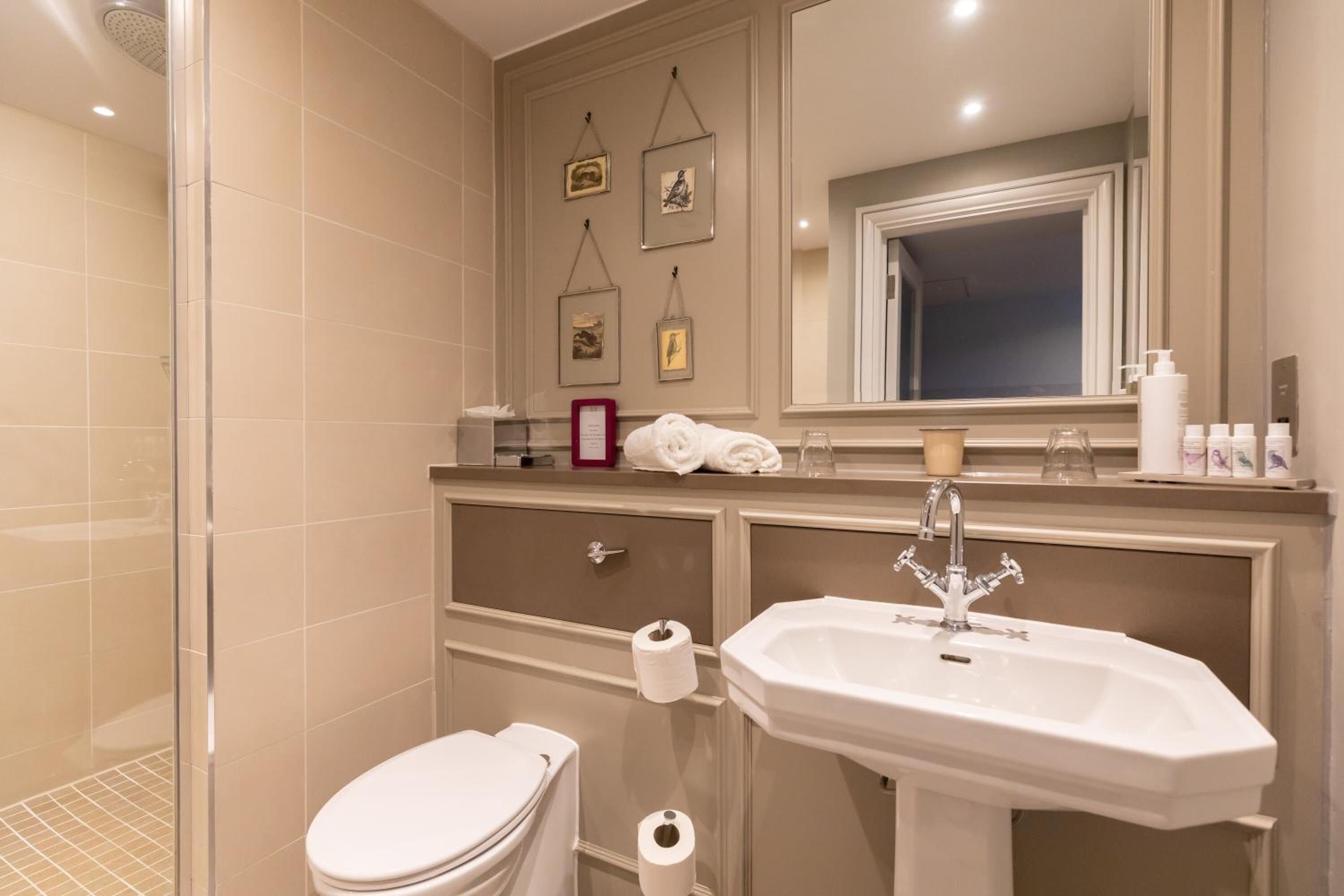 combined shower/bathtub, free toiletries, hair dryer, towels