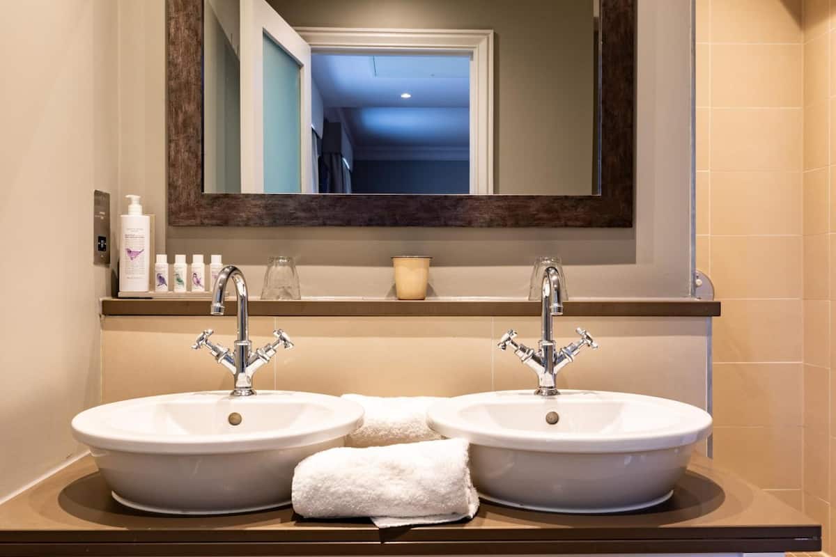 combined shower/bathtub, free toiletries, hair dryer, towels