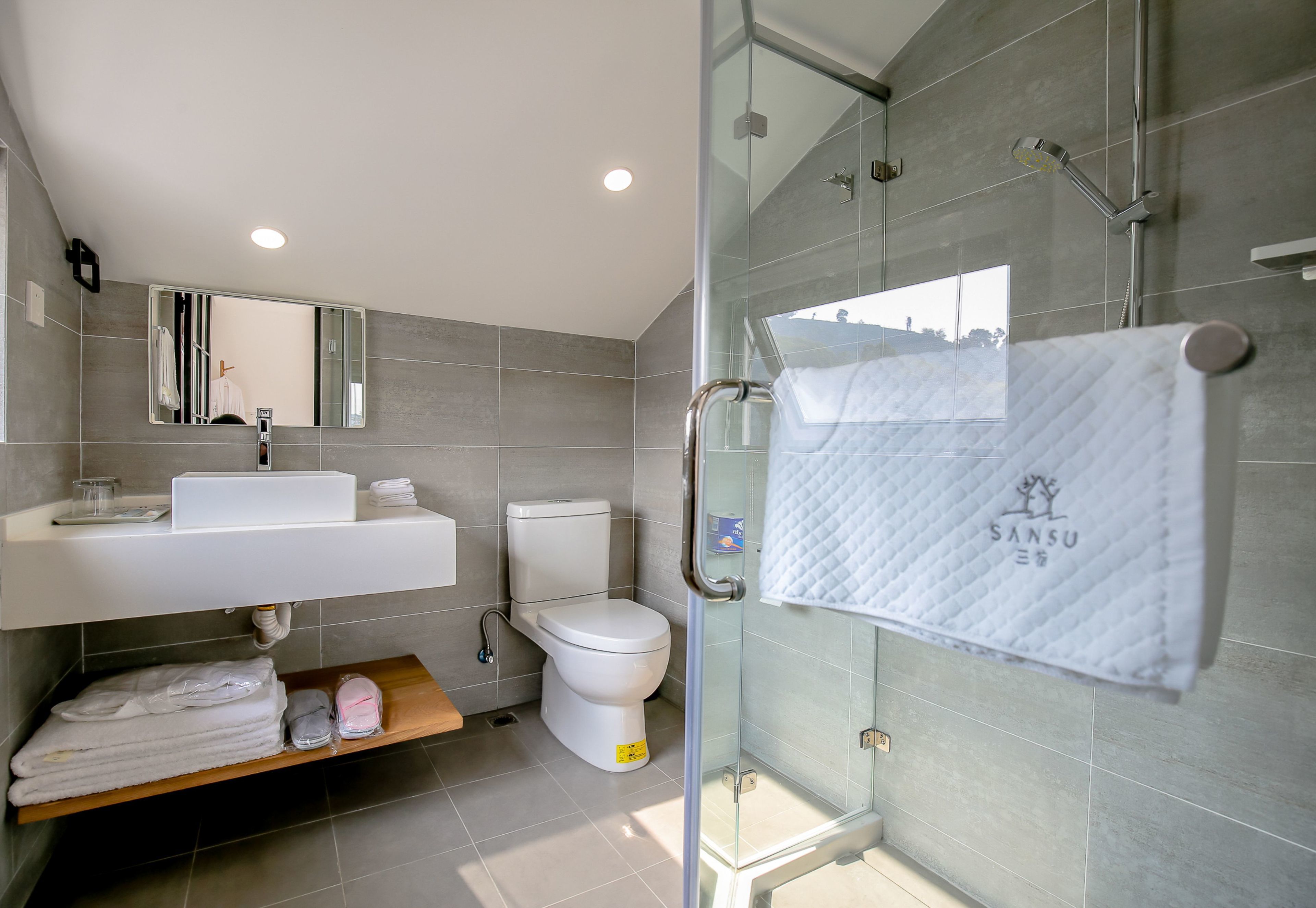 Een moderne badkamer met een douchecabine van glas, een witte wastafel en een toilet.