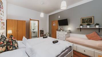 Une chambre avec deux lits, une télévision, un tableau et une étagère avec des plantes.