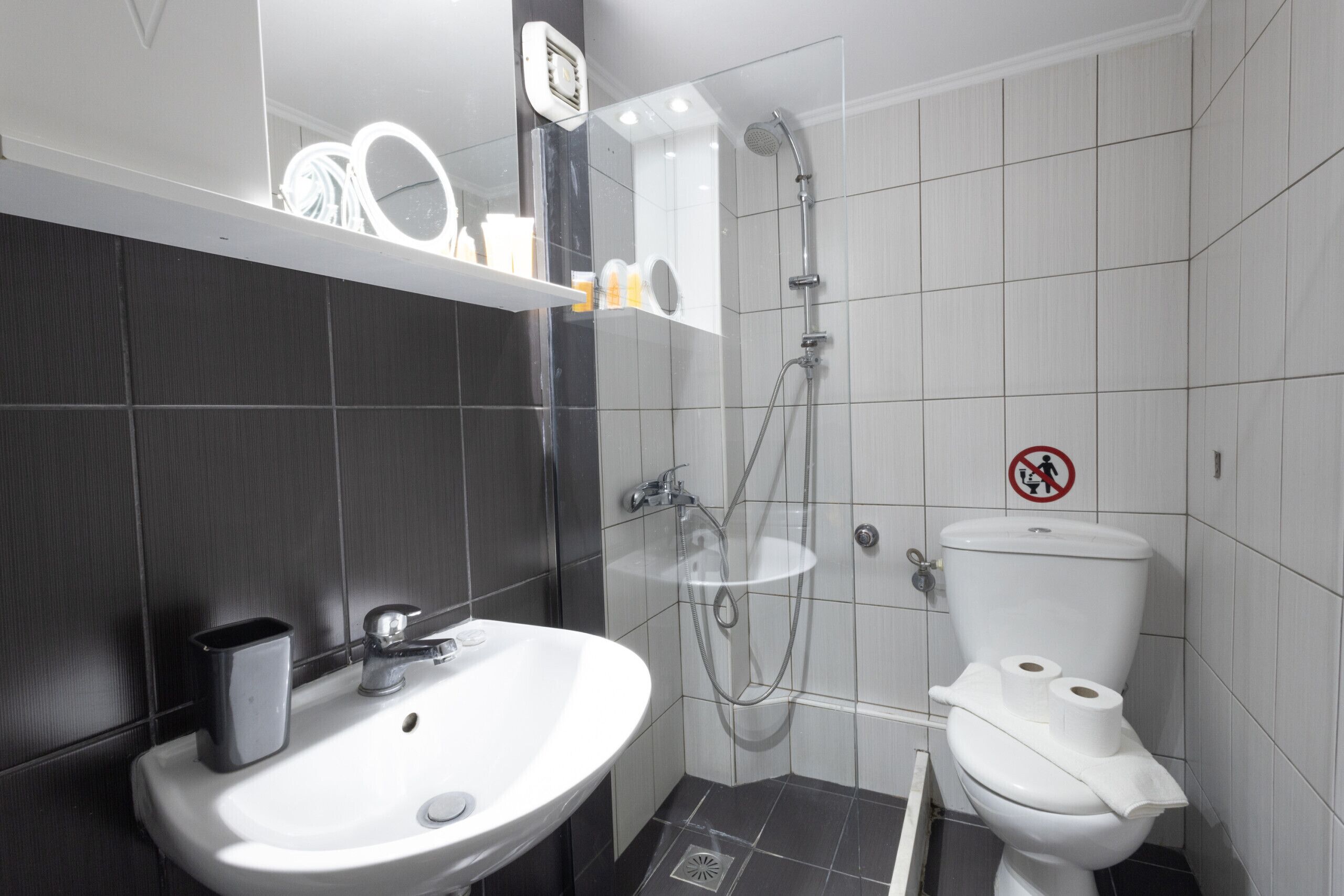 Shower, hair dryer, soap, shampoo