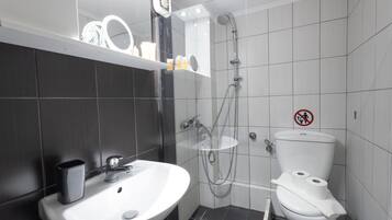 Shower, hair dryer, soap, shampoo