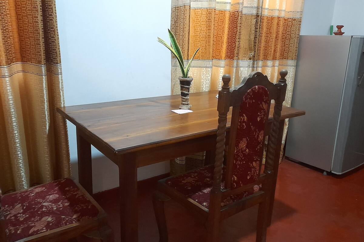 Una mesa de comedor de madera con una silla, una planta en maceta y un refrigerador en una habitación con cortinas estampadas.