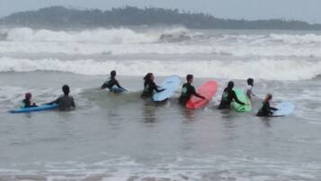 A group of people in the water with surfboards, likely at a beach.