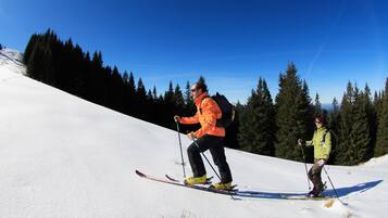 Zwei Personen langlaufen auf einem verschneiten Hang, im Hintergrund ein klarer, blauer Himmel und immergrüne Bäume.