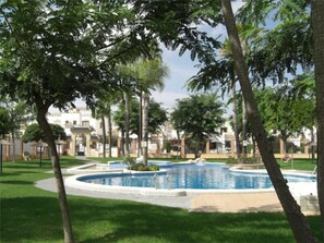 Relax by the serene pool surrounded by lush greenery and palm trees.