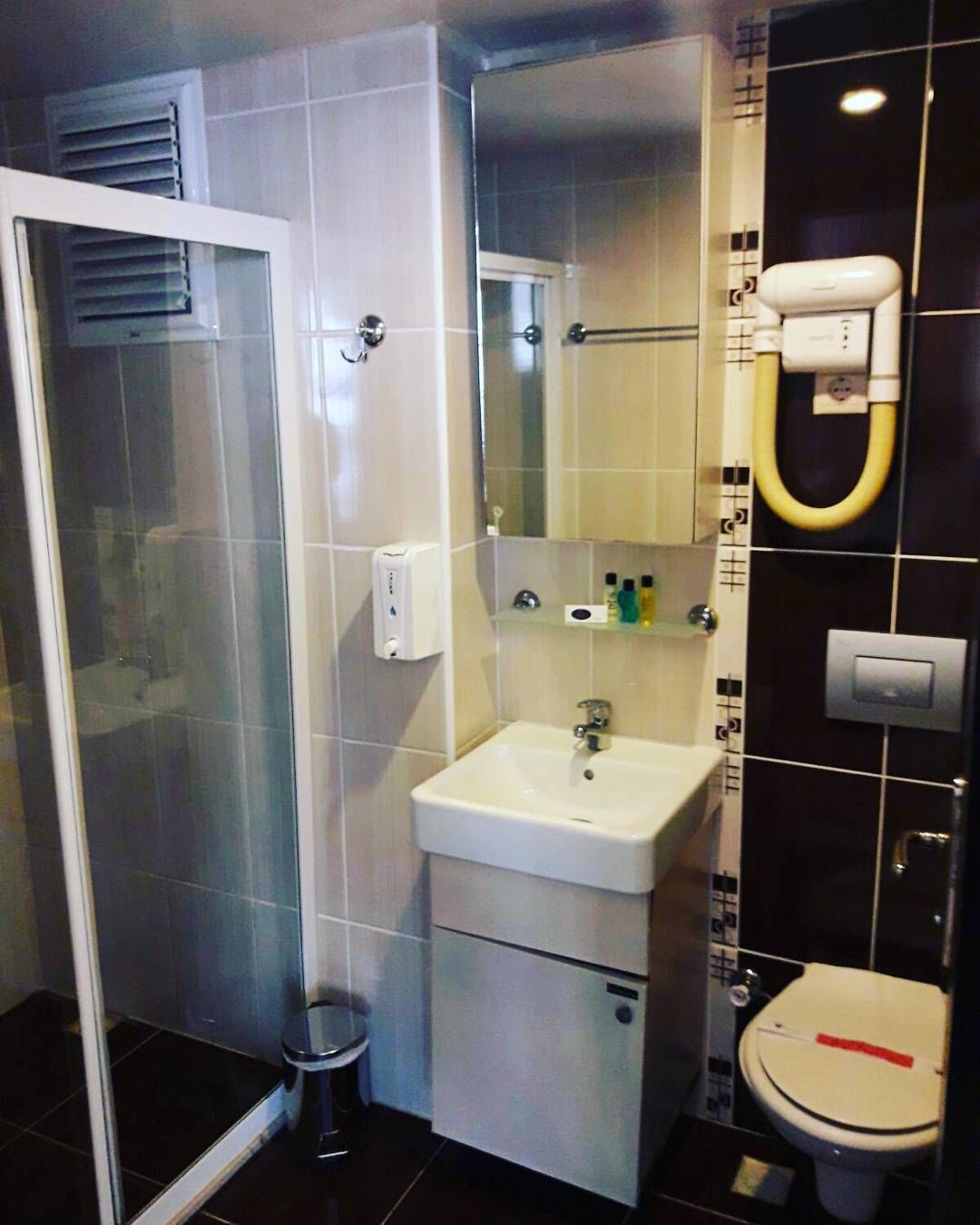 A bathroom with a glass shower enclosure, a sink with a mirror above it, a toilet, and a towel rack.