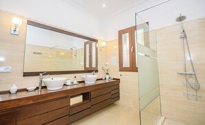 Shower, hair dryer, towels
