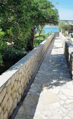 Stroll along the serene pathway to a tranquil body of water surrounded by lush greenery.