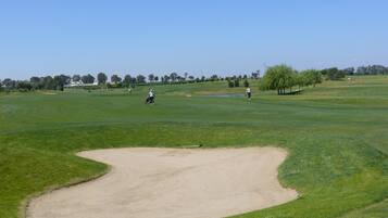Campo de golfe com um bunker de areia, árvores e céu claro.
