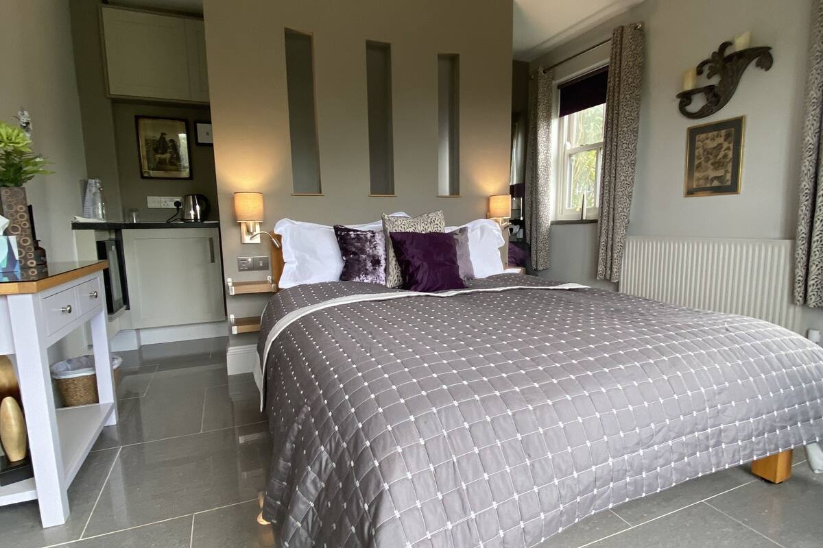 A modern bedroom with a large bed, a bedside table, a nightstand, and a view of the kitchen.