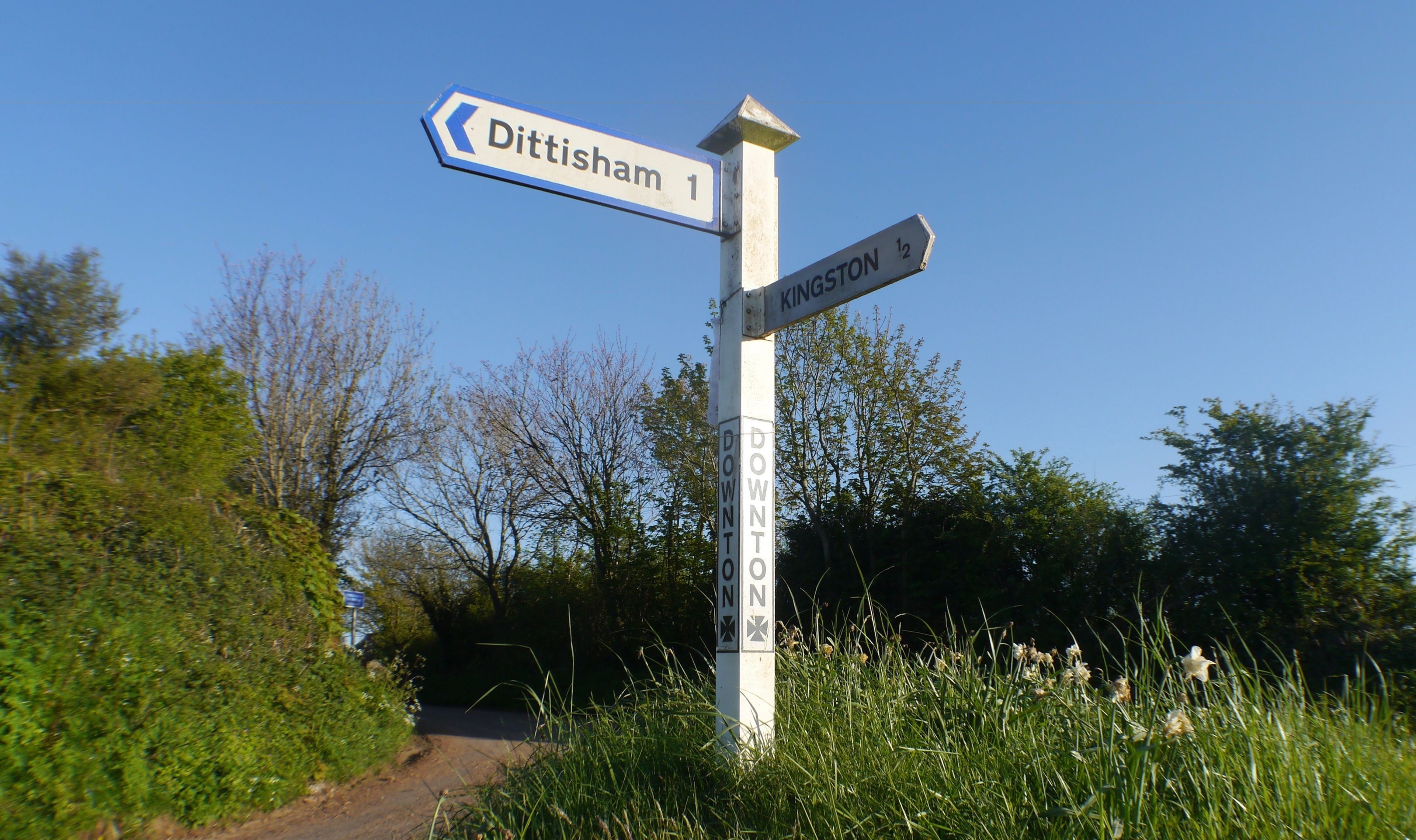 A directional signpost with 'Dittisham 1' and 'Kings Street 1/2' directions.