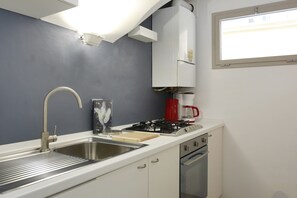 大型冷蔵庫、オーブン、コンロ、調理器具と食器