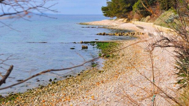 A coastal path with pebbles and sparse vegetation, leading to a calm sea. - Holiday apartment with terrace and air conditioning (Zadar)