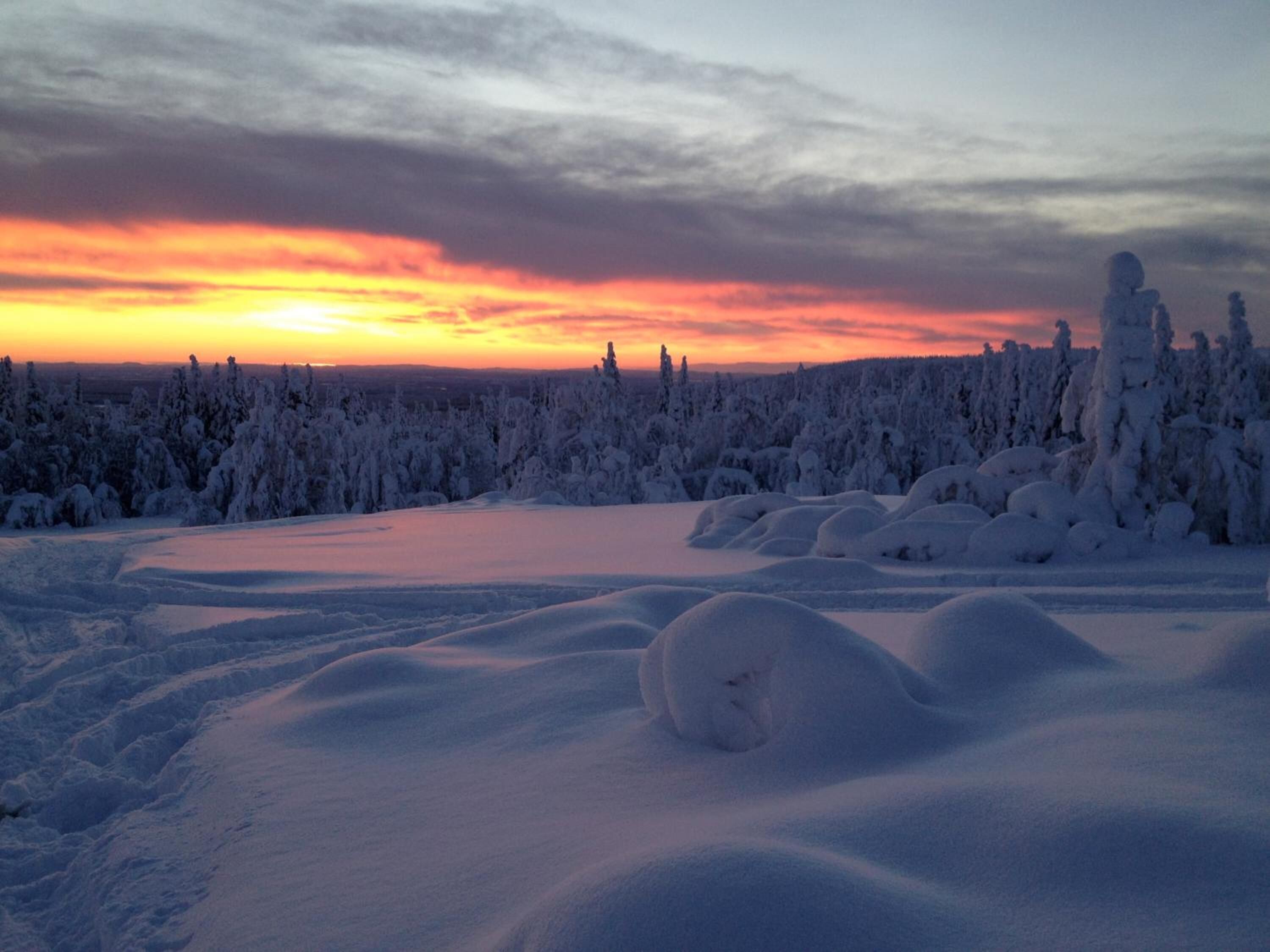 Paisagem nevada com um lago congelado e árvores cobertas de neve ao pôr do sol.