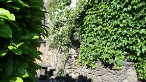 Un estrecho sendero de piedra bordeado de hiedra verde exuberante y flores blancas, que conduce a un edificio de piedra.
