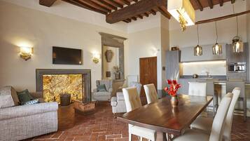 A spacious living area with a fireplace, a dining table with chairs, and a kitchen area with modern appliances.