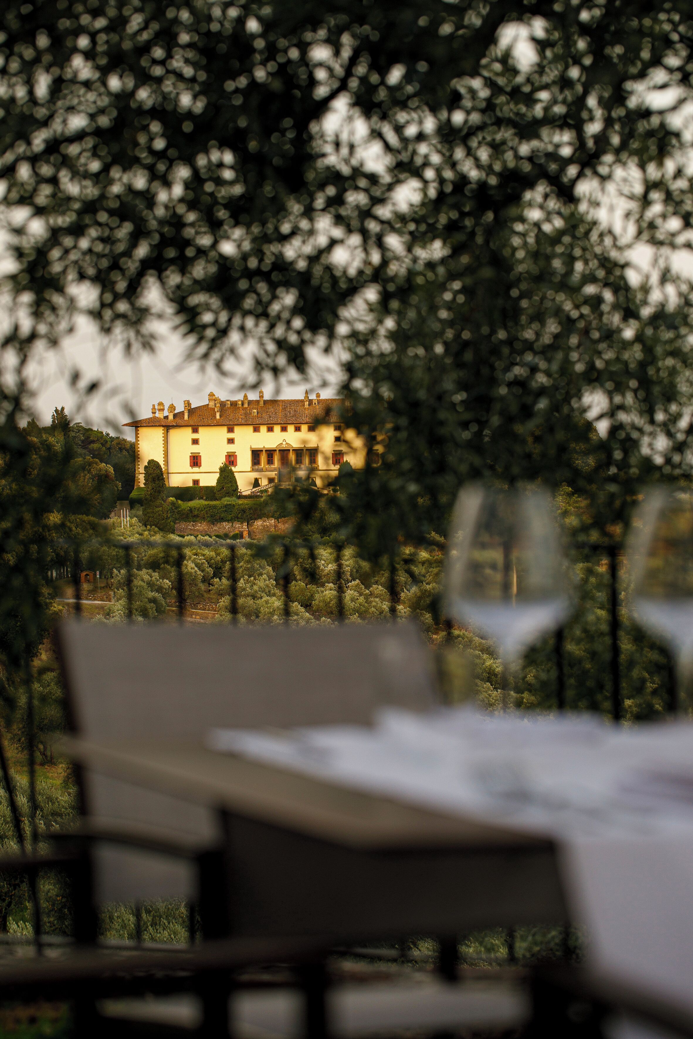 Ein Essbereich mit Tisch und Stühlen, mit Blick auf ein Gebäude mit Garten und Zaun.