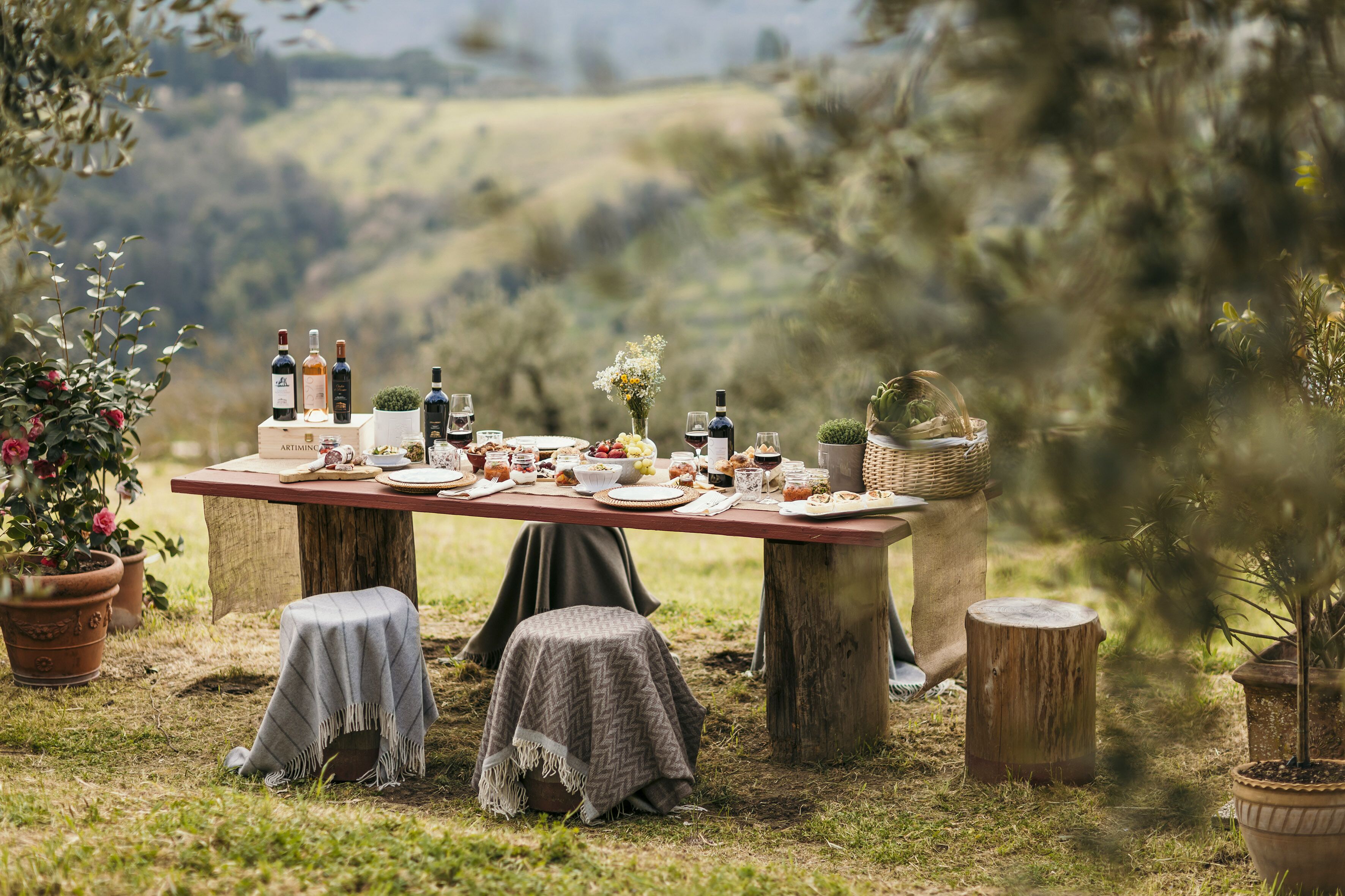 An outdoor dining table set up in a grassy area with a scenic view of hills in the background.