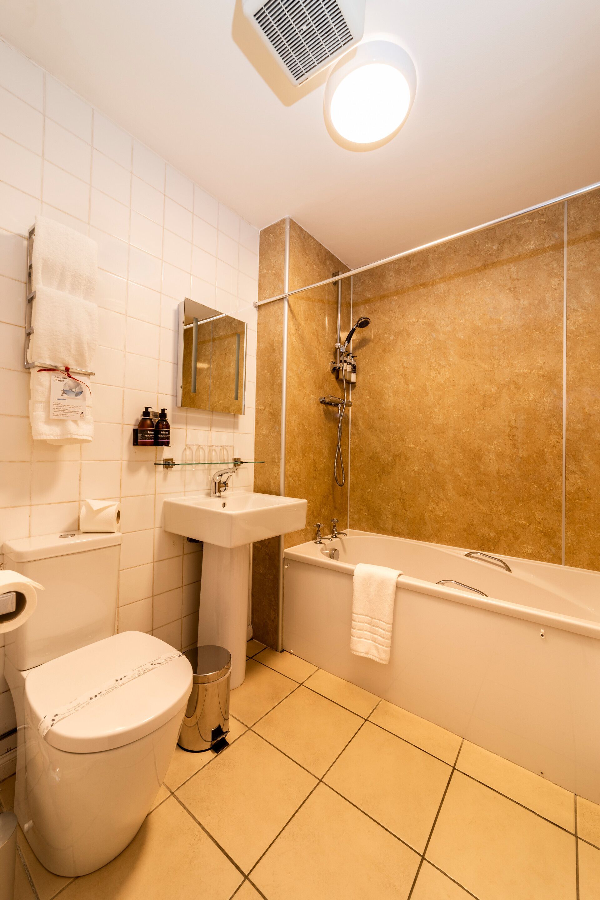 combined shower/bathtub, free toiletries, hair dryer, bathrobes