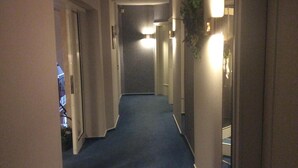 Un pasillo estrecho alfombrado con puertas a ambos lados, un accesorio de iluminación al final y una planta en la pared derecha.