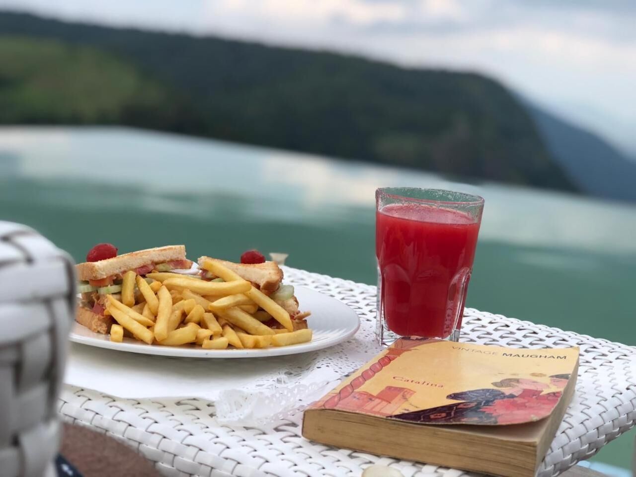 Una mesa con un plato de comida, un vaso de bebida roja y un libro.