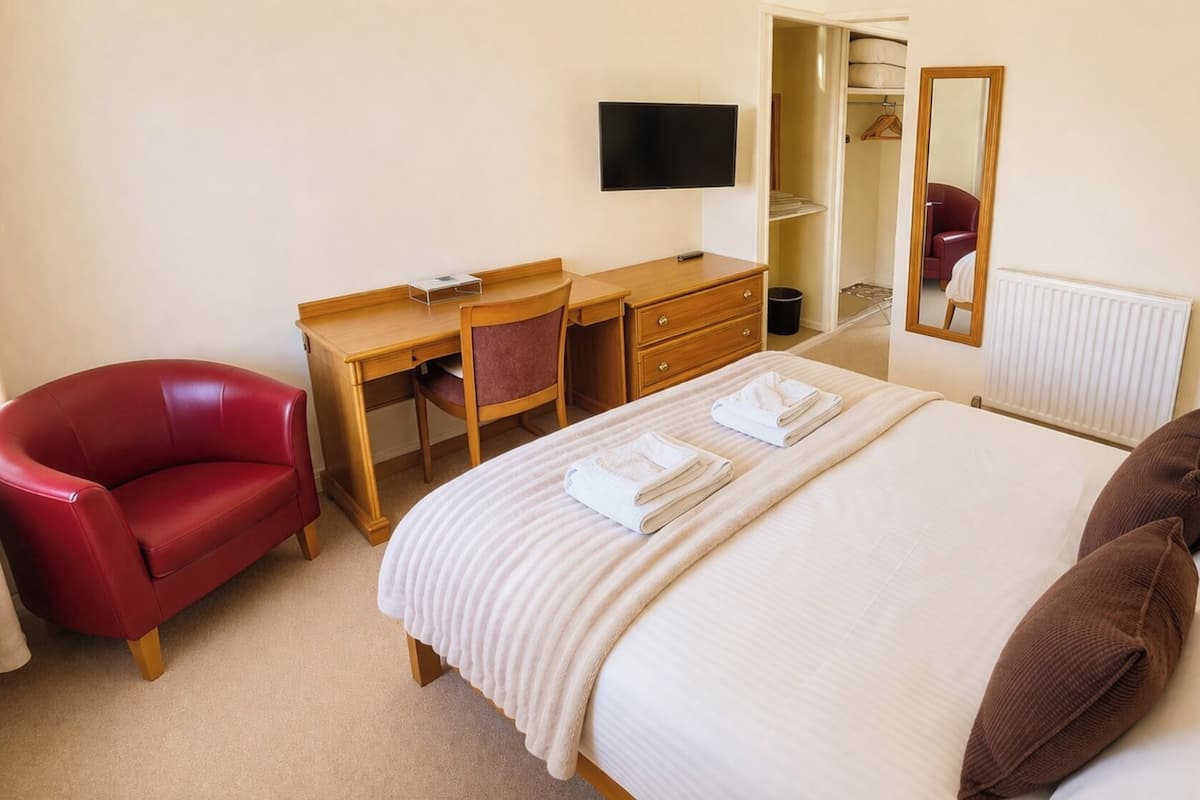 A hotel room with a bed, a desk, a chair, a TV, a mirror, and a radiator.