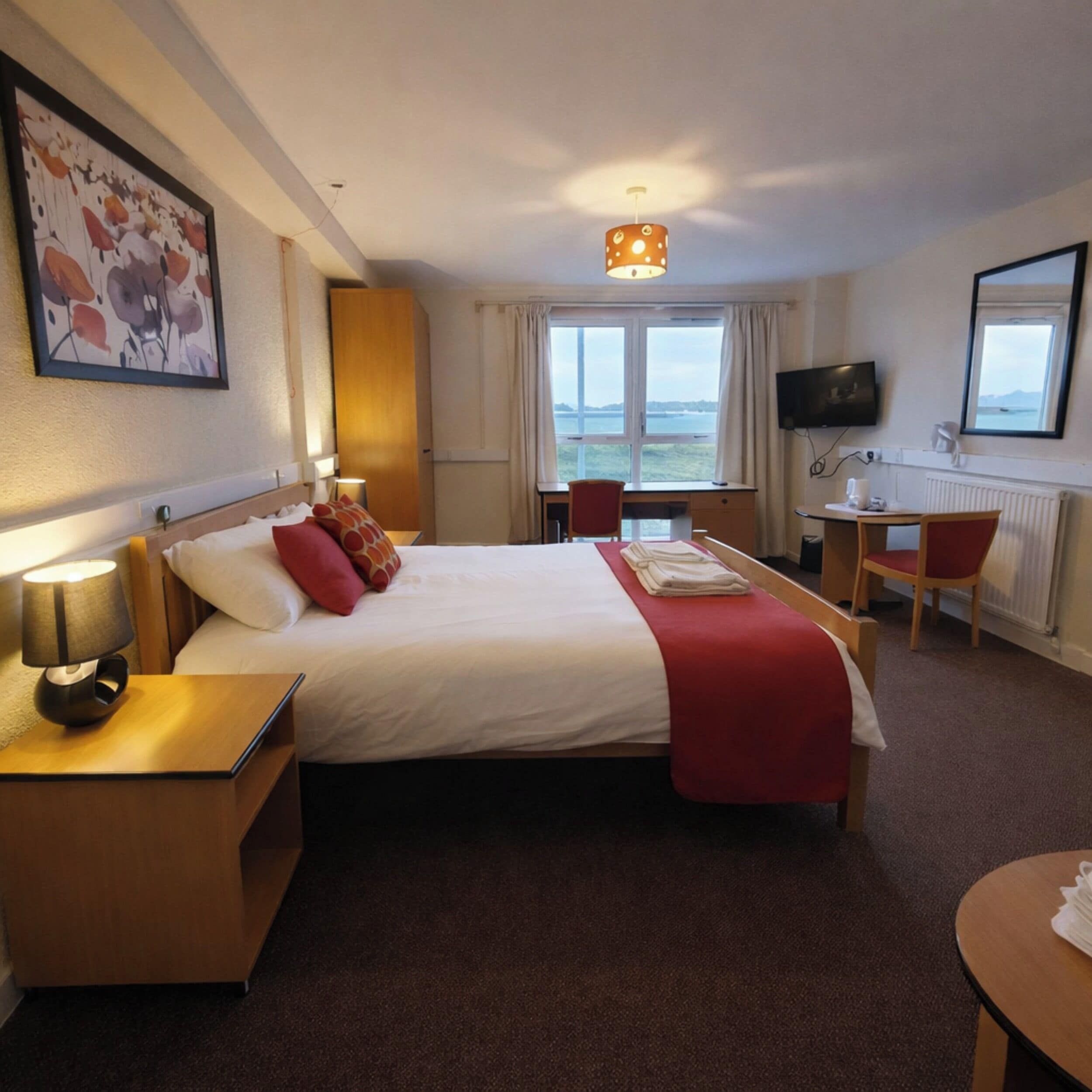 A hotel room with a bed, a desk, a chair, a TV, and a window with a view.
