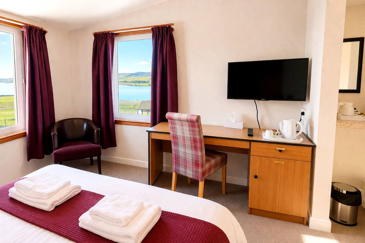 A hotel room with a bed, a desk, a chair, a TV, and windows with curtains.