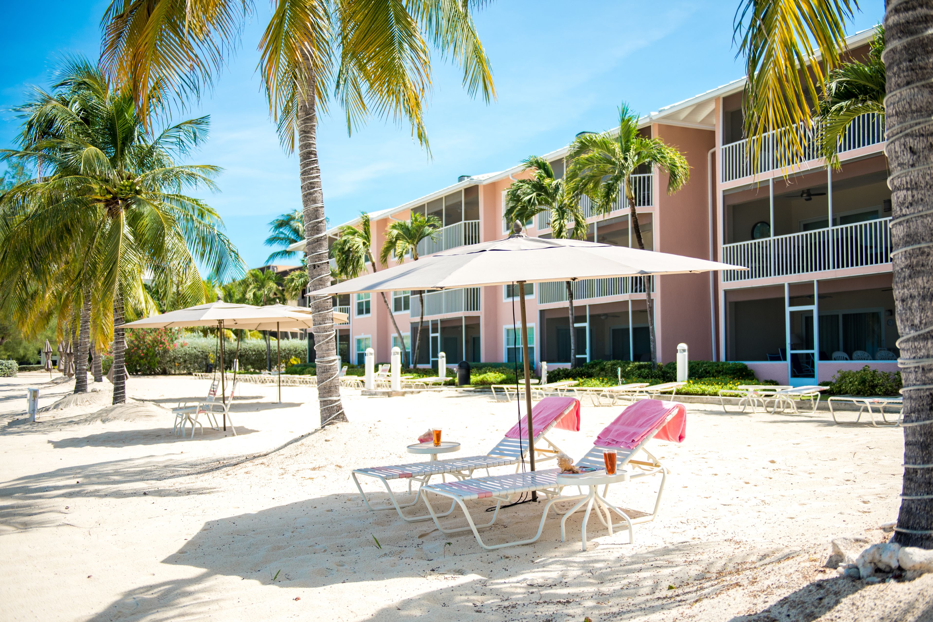Un hotel frente a la playa con varios balcones, palmeras y sillas de sol.