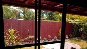 Vista a través de una ventana de un jardín con cerca roja, plantas en macetas y un sendero.