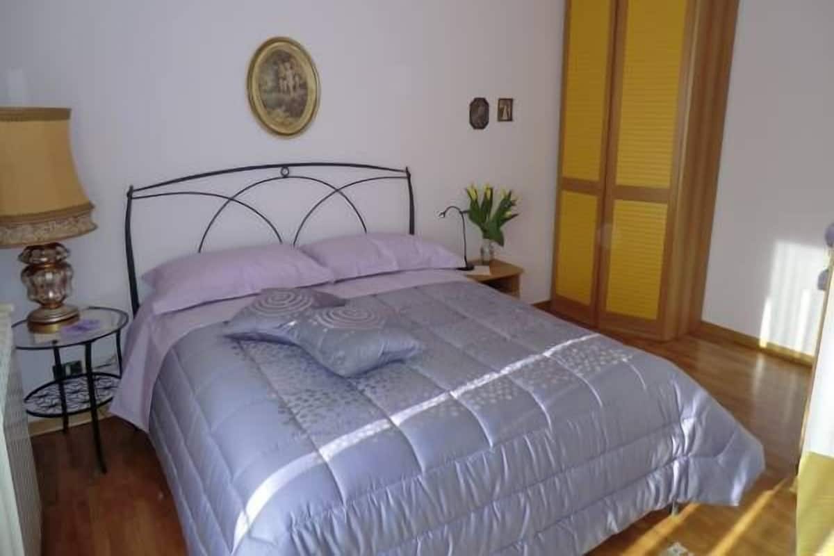A neatly made bed with a patterned duvet, a bedside table with a lamp, a small plant, and a framed picture on the wall.