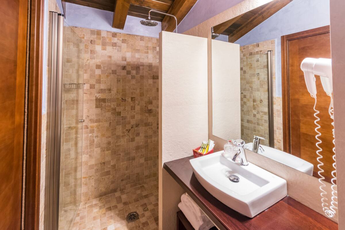 A bathroom with a shower, a sink, and a mirror.